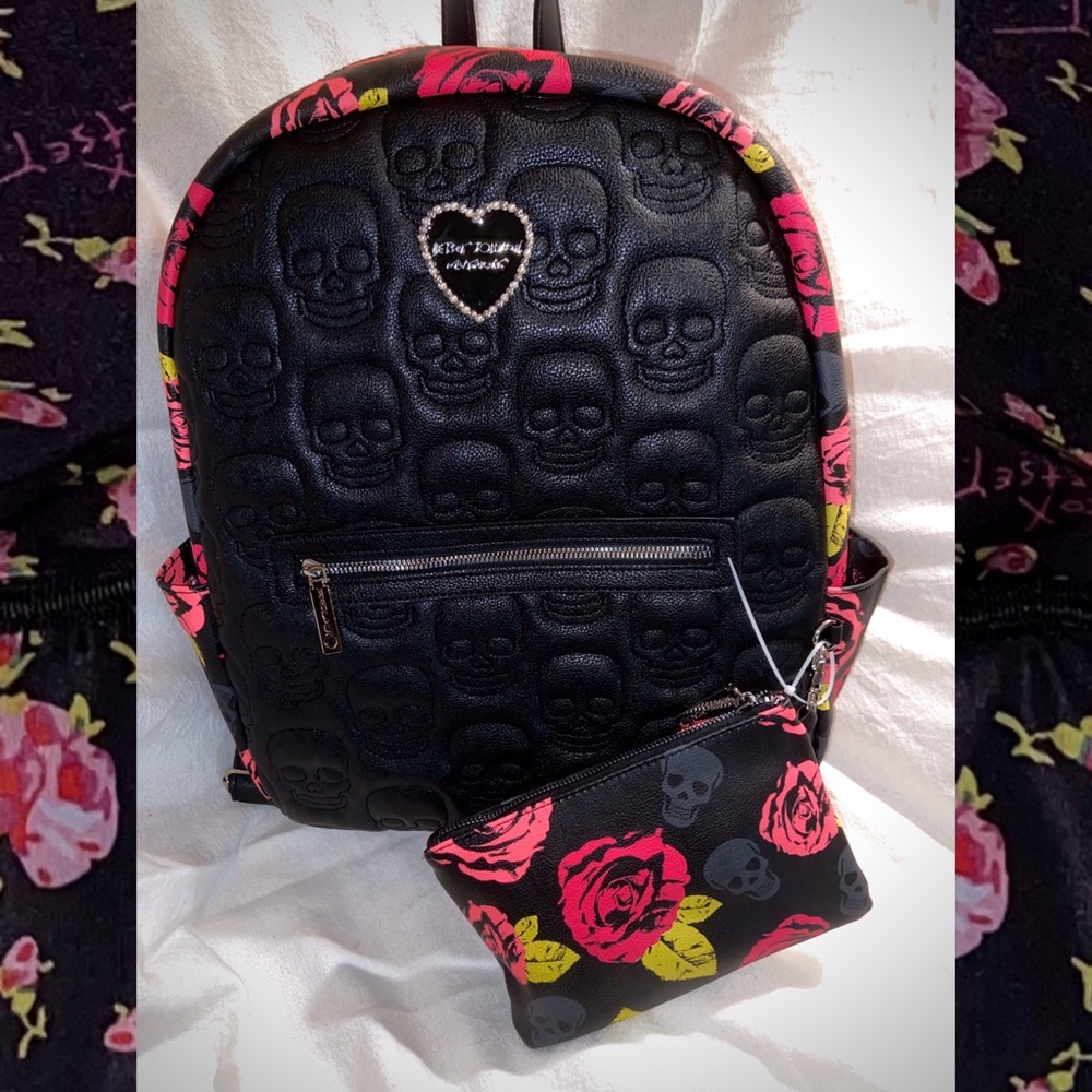 Betsey Johnson Black Skull Floral Backpack